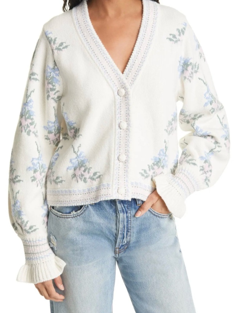 Love Shack Fancy Boscom Floral Cardigan Coquette Dew Drop Cream Multi Size Med - Picture 2 of 9